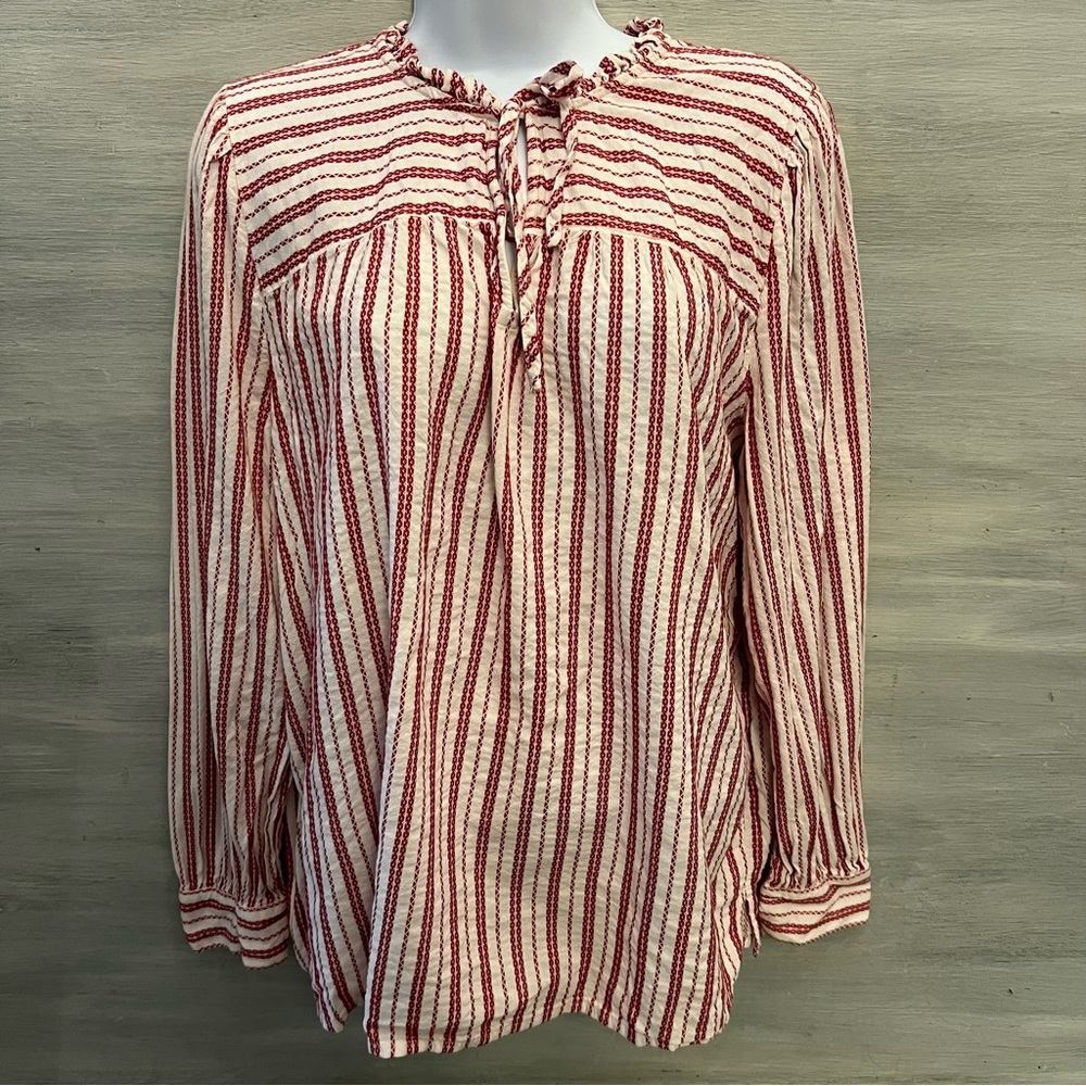 LOFT White Red Striped Ruffle Tie Neck Peasant Tunic Top Blouse Size XL GC